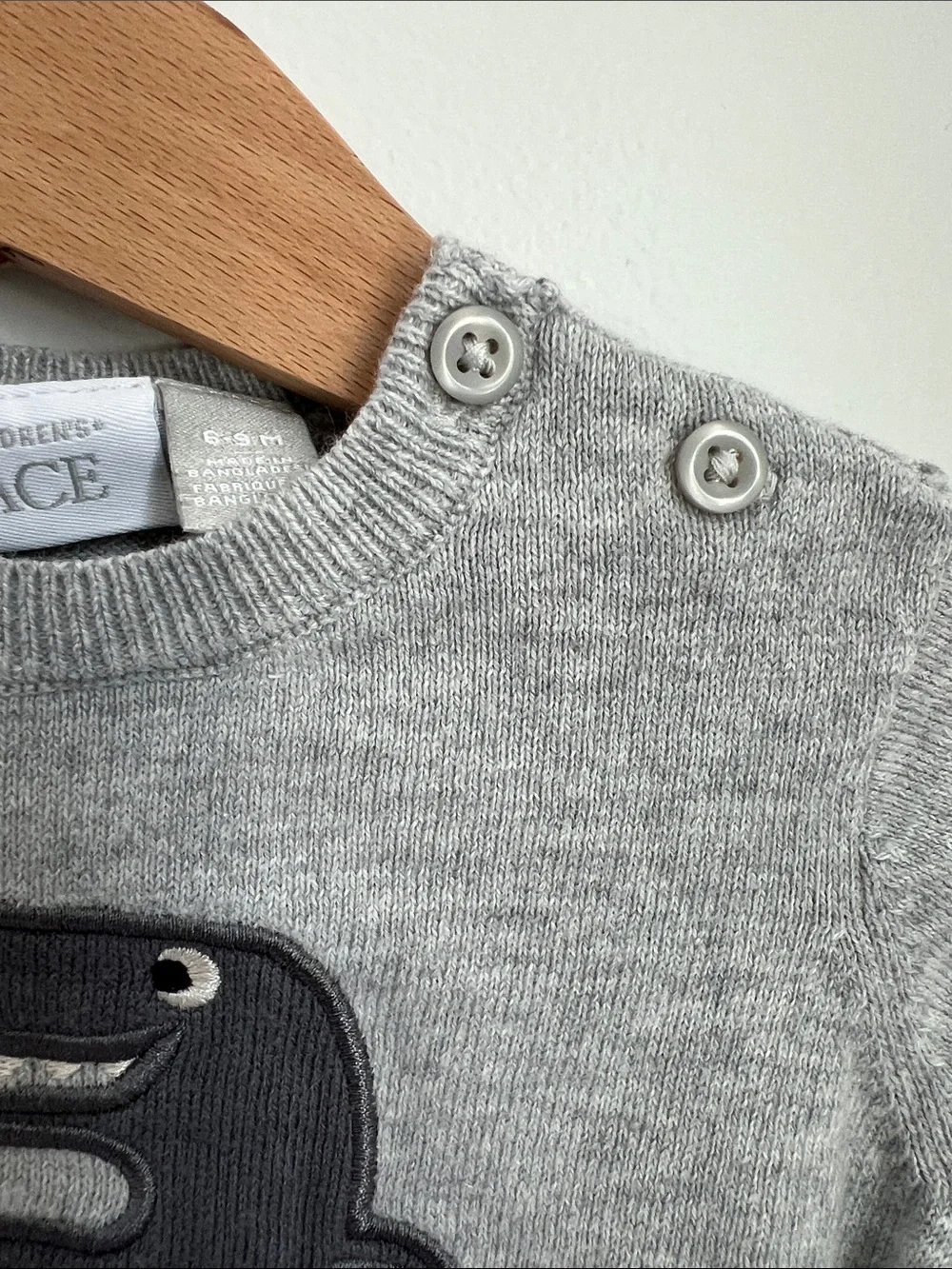 The Children’s Place | Baby Gray Dino Applique Crewneck Sweater Buttons Sz 6-9M